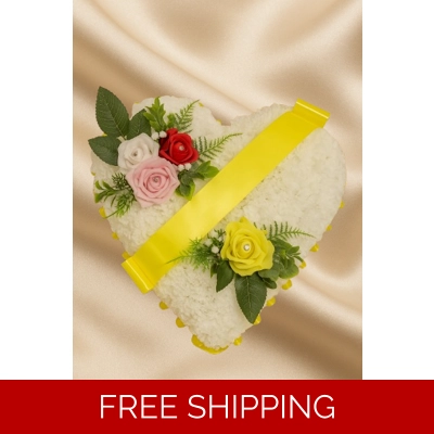 Artificial Heart Funeral Tribute with Multi-Coloured Roses and Yellow Ribbon